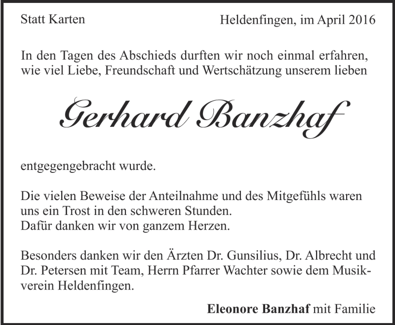  Traueranzeige für Gerhard Banzhaf vom 23.04.2016 aus Heidenheimer Zeitung