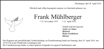 Traueranzeige von Frank Mühlberger von Heidenheimer Zeitung