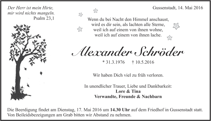  Traueranzeige für Alexander Schröder vom 14.05.2016 aus Heidenheimer Zeitung