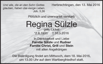 Traueranzeige von Regina Sülzle von Heidenheimer Zeitung