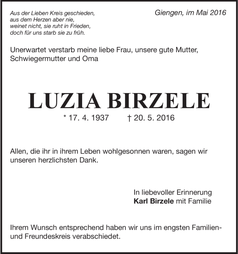  Traueranzeige für Luzia Birzele vom 31.05.2016 aus Heidenheimer Zeitung