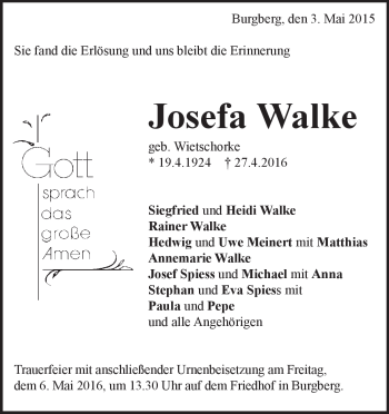 Traueranzeige von Josefa Walke von Heidenheimer Zeitung