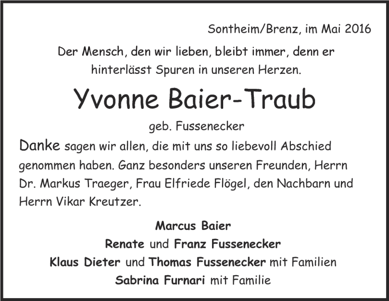  Traueranzeige für Yvonne Baier-Traub vom 04.05.2016 aus Heidenheimer Zeitung