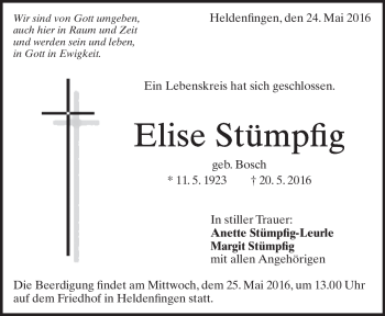 Traueranzeige von Elise Stümpfig von Heidenheimer Zeitung