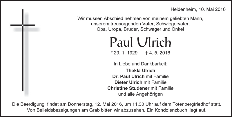  Traueranzeige für Paul Ulrich vom 10.05.2016 aus Heidenheimer Zeitung