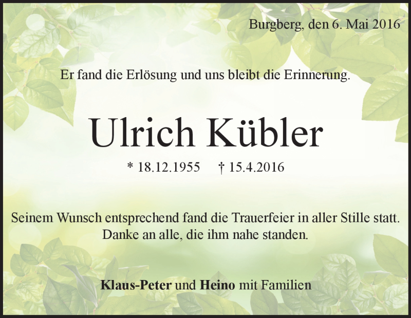  Traueranzeige für Ulrich Kübler vom 06.05.2016 aus Heidenheimer Zeitung