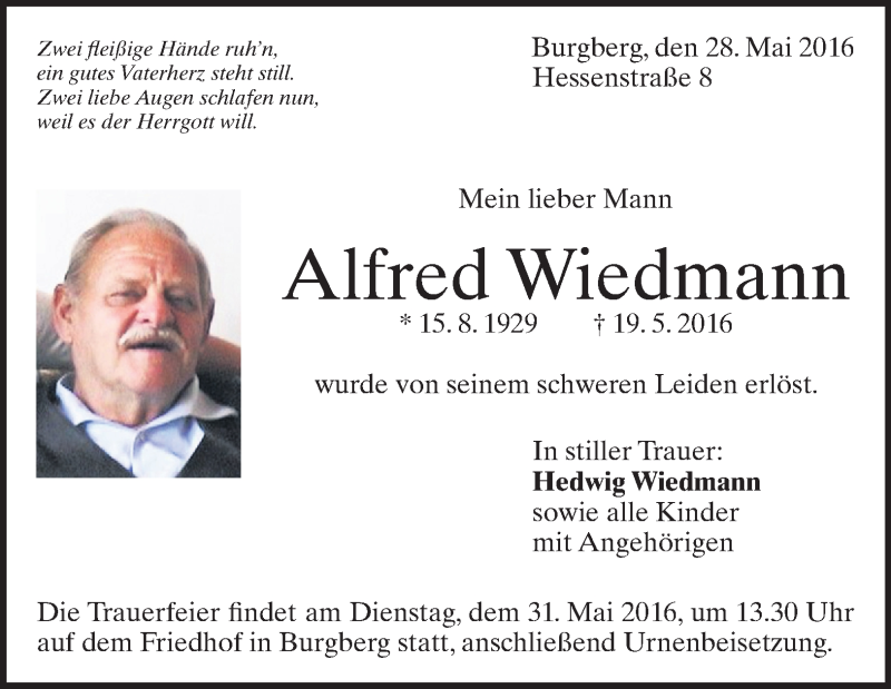  Traueranzeige für Alfred Wiedmann vom 28.05.2016 aus 