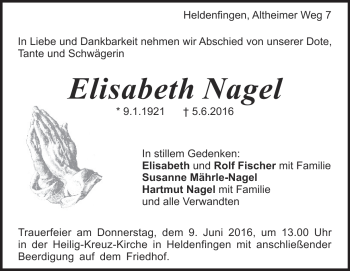 Traueranzeige von Elisabeth Nagel von Heidenheimer Zeitung