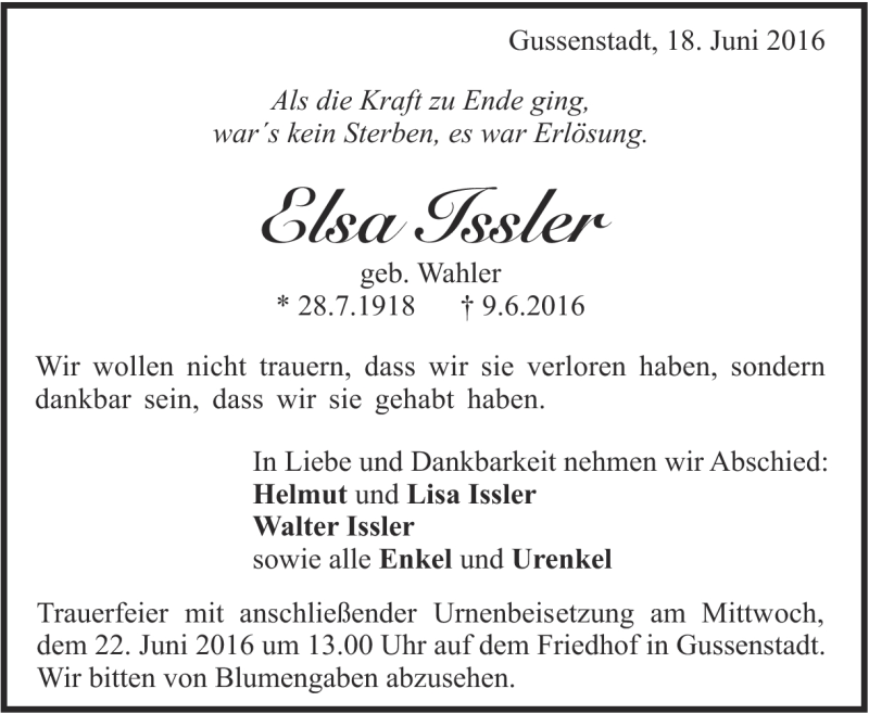  Traueranzeige für Elsa Issler vom 18.06.2016 aus Heidenheimer Zeitung