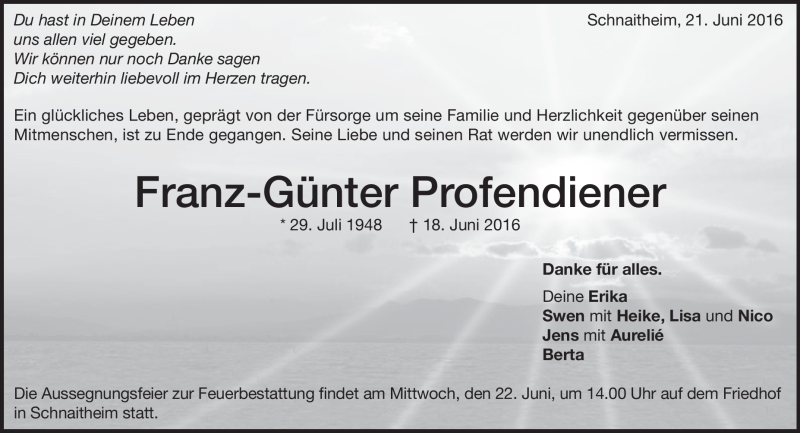  Traueranzeige für Franz-Günter Profendiener vom 21.06.2016 aus Heidenheimer Zeitung