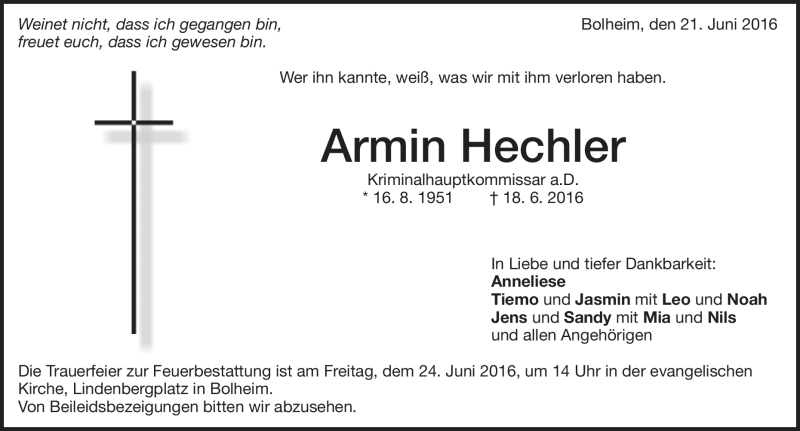  Traueranzeige für Armin Hechler vom 21.06.2016 aus Heidenheimer Zeitung