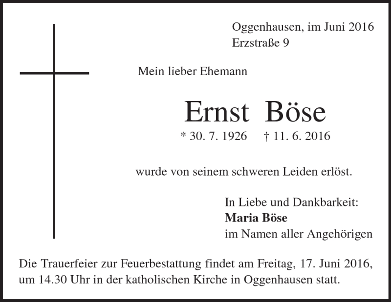  Traueranzeige für Ernst Böse vom 15.06.2016 aus Heidenheimer Zeitung