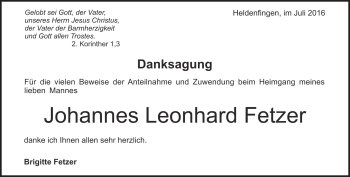 Traueranzeige von Joahnnes Leonhard Fetzer von Heidenheimer Zeitung