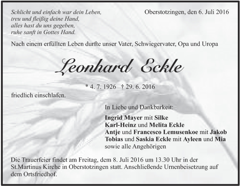  Traueranzeige für Leonhard Eckle vom 06.07.2016 aus Heidenheimer Zeitung