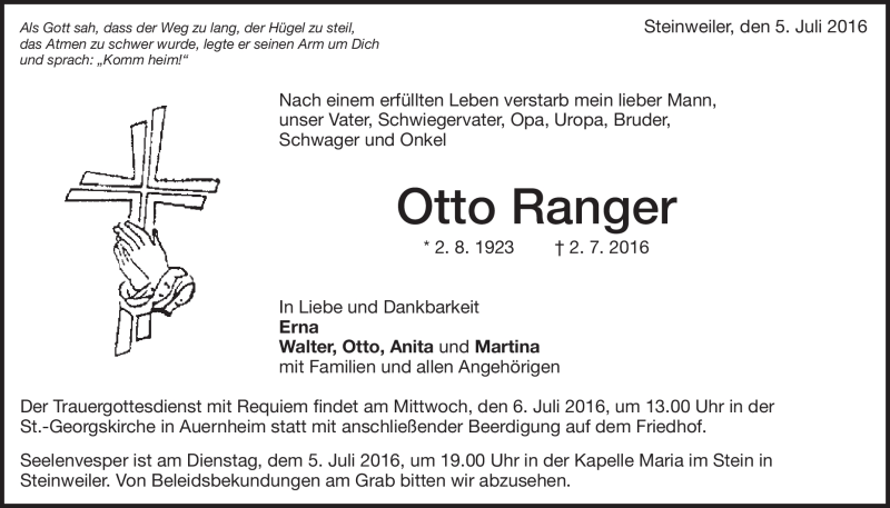 Traueranzeige für Otto Ranger vom 05.07.2016 aus Heidenheimer Zeitung