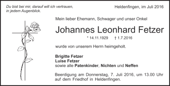 Traueranzeige von Joahnnes Leonhard Fetzer von Heidenheimer Zeitung