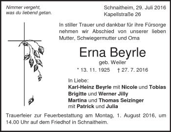Traueranzeige von Erna Beyrle von Heidenheimer Zeitung