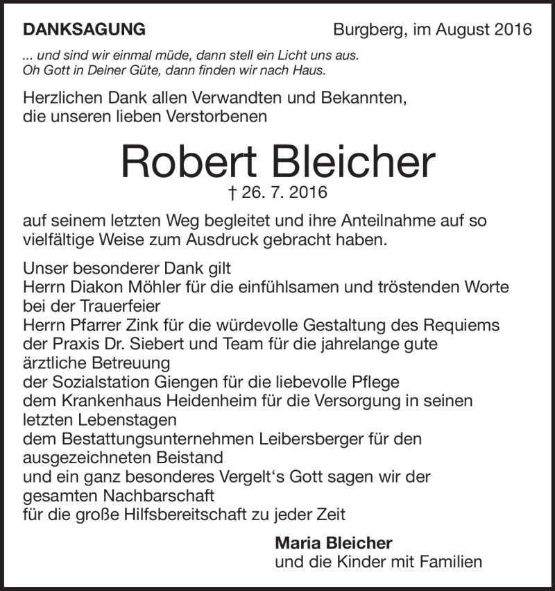  Traueranzeige für Robert Bleicher vom 06.08.2016 aus Heidenheimer Zeitung