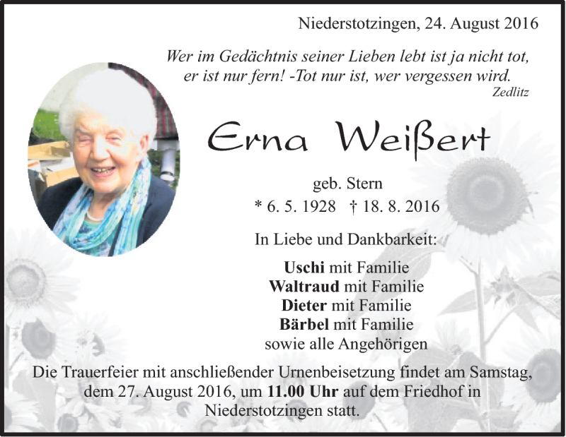  Traueranzeige für Erna Weißert vom 24.08.2016 aus Heidenheimer Zeitung