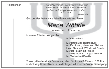 Traueranzeige von Maria Wöhrle von Heidenheimer Zeitung