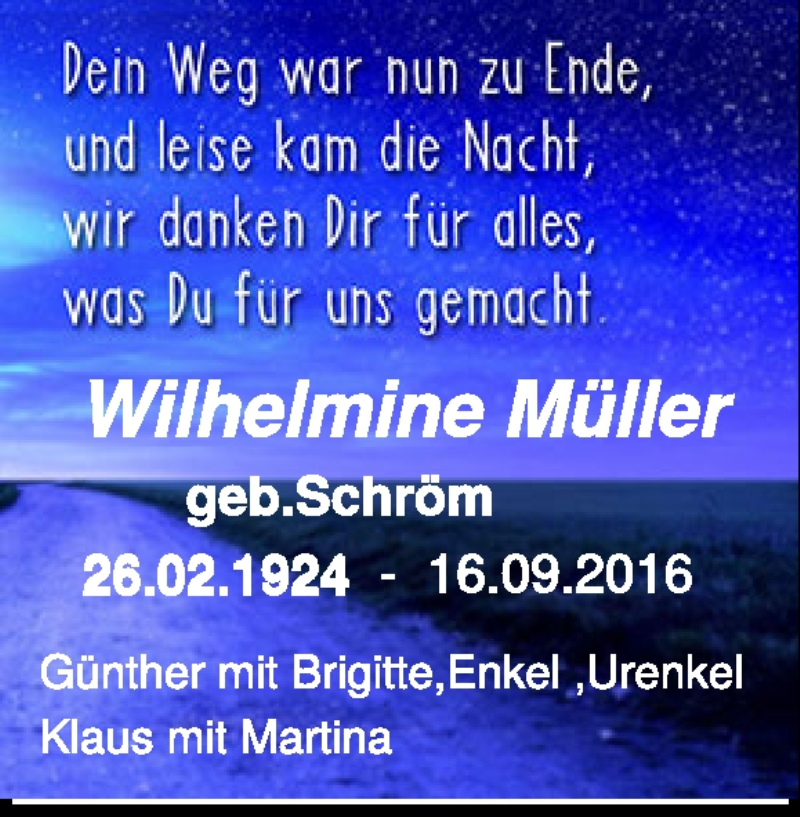  Traueranzeige für Wilhelmine Müller vom 21.09.2016 aus Heidenheimer Zeitung
