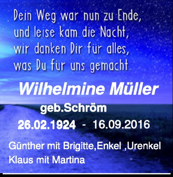 Traueranzeige von Wilhelmine Müller von Heidenheimer Zeitung