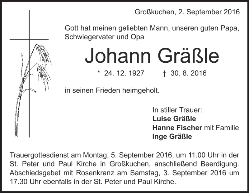  Traueranzeige für Johann Gräßle vom 02.09.2016 aus Heidenheimer Zeitung