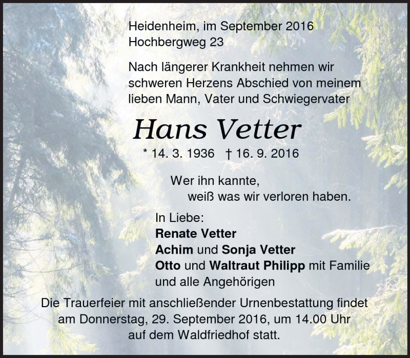  Traueranzeige für Hans Vetter vom 26.09.2016 aus Heidenheimer Zeitung