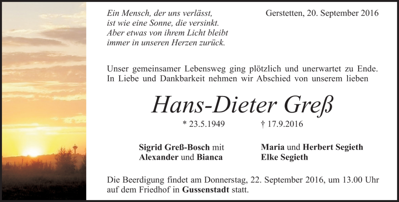  Traueranzeige für Hans-Dieter Greß vom 20.09.2016 aus Heidenheimer Zeitung