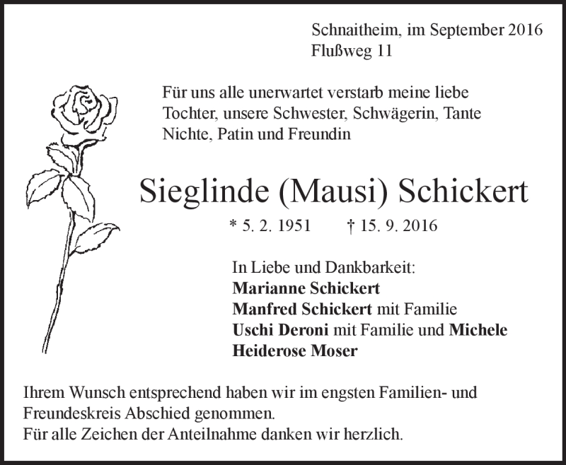  Traueranzeige für Sieglinde Schickert vom 27.09.2016 aus Heidenheimer Zeitung