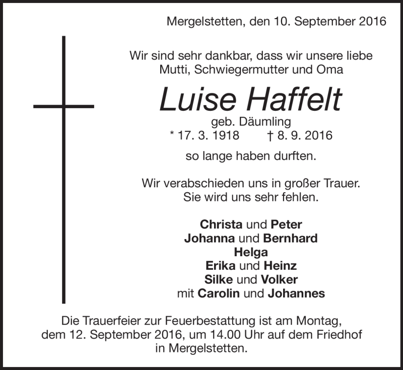  Traueranzeige für Luise Haffelt vom 10.09.2016 aus Heidenheimer Zeitung