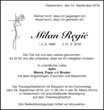Traueranzeige von Milan Regic von Heidenheimer Zeitung