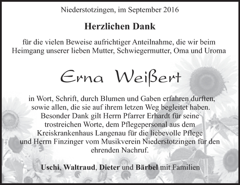  Traueranzeige für Erna Weißert vom 15.09.2016 aus Heidenheimer Zeitung
