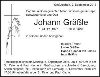 Traueranzeige von Johann Gräßle von Heidenheimer Zeitung