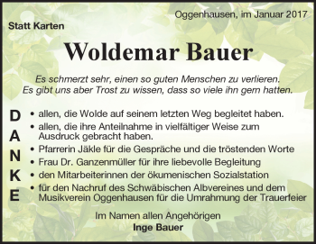 Traueranzeige von Woldemar Bauer von Heidenheimer Zeitung