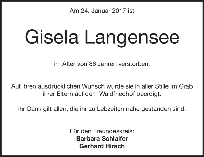  Traueranzeige für Gisela Langensee vom 31.01.2017 aus Heidenheimer Zeitung