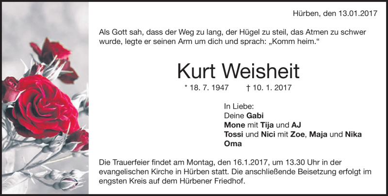  Traueranzeige für Kurt Weisheit vom 13.01.2017 aus Heidenheimer Zeitung