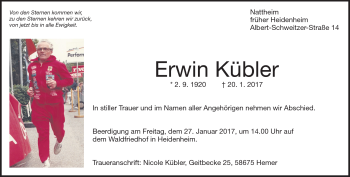 Traueranzeige von Erwin Kübler von Heidenheimer Zeitung