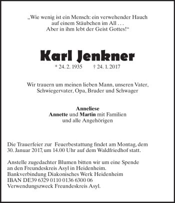 Traueranzeige von Karl Jenkner von Heidenheimer Zeitung