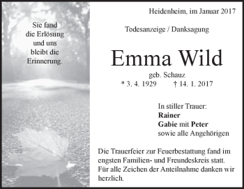 Traueranzeige von Emma Wild von Heidenheimer Zeitung