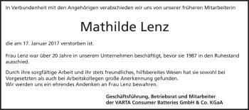 Traueranzeige von Mathilde Lenz von Heidenheimer Zeitung