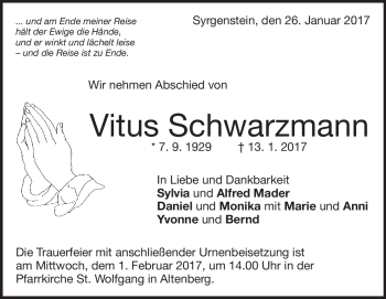 Traueranzeige von Vitus Schwarzmann von Heidenheimer Zeitung