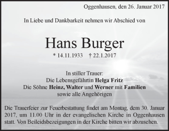 Traueranzeige von Hans Burger von Heidenheimer Zeitung