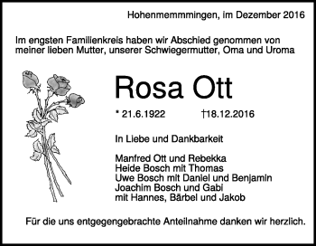 Traueranzeige von Rosa Ott von Heidenheimer Zeitung