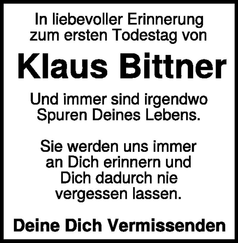  Traueranzeige für Klaus Bittner vom 11.01.2017 aus Heidenheimer Zeitung