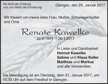 Traueranzeige von Renate  Kawelke von Heidenheimer Zeitung