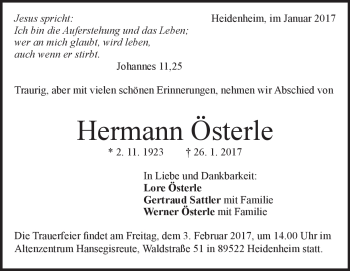 Traueranzeige von Hermann Österle von Heidenheimer Zeitung