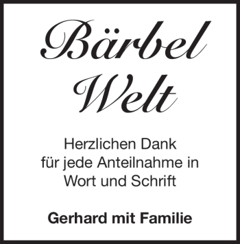 Traueranzeige von Bärbel Welt  von Heidenheimer Zeitung