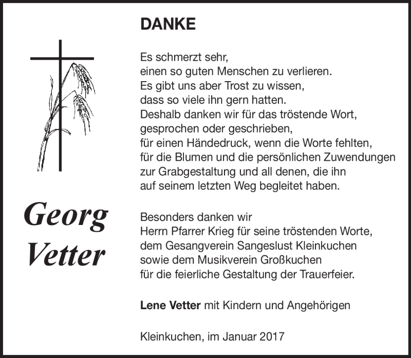  Traueranzeige für georg Vetter vom 21.01.2017 aus Heidenheimer Zeitung