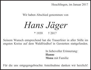 Traueranzeige von Hans Jäger von Heidenheimer Zeitung